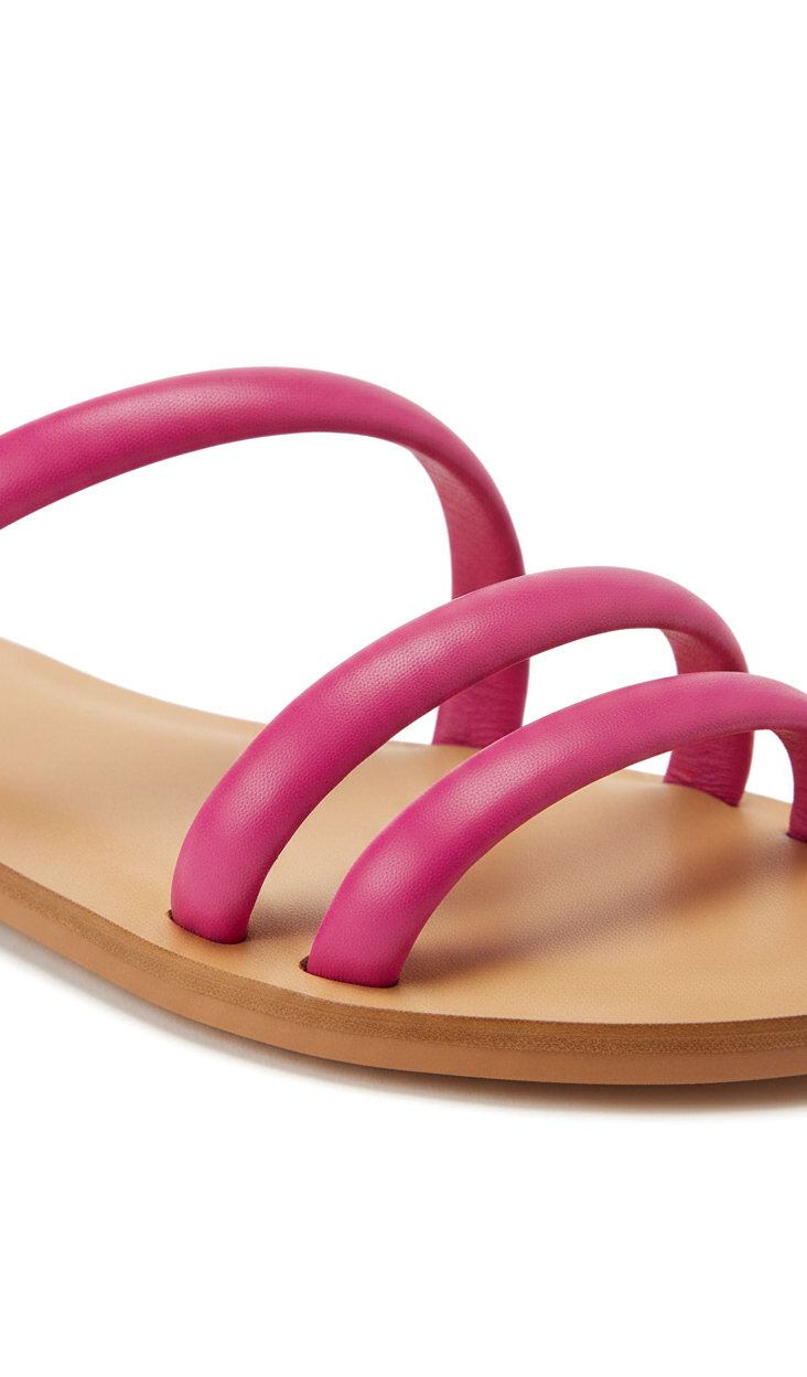 Cacau Pink Leather Three-Strap Slide Sandals – Flat