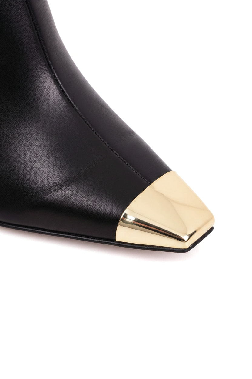 Inga Black Leather Ankle Boots – Gold Toe Cap, 8.7cm Stiletto Heel