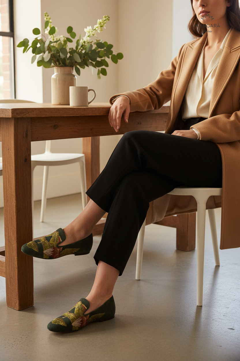 Canela Suede Green Leather Embroidered Loafers