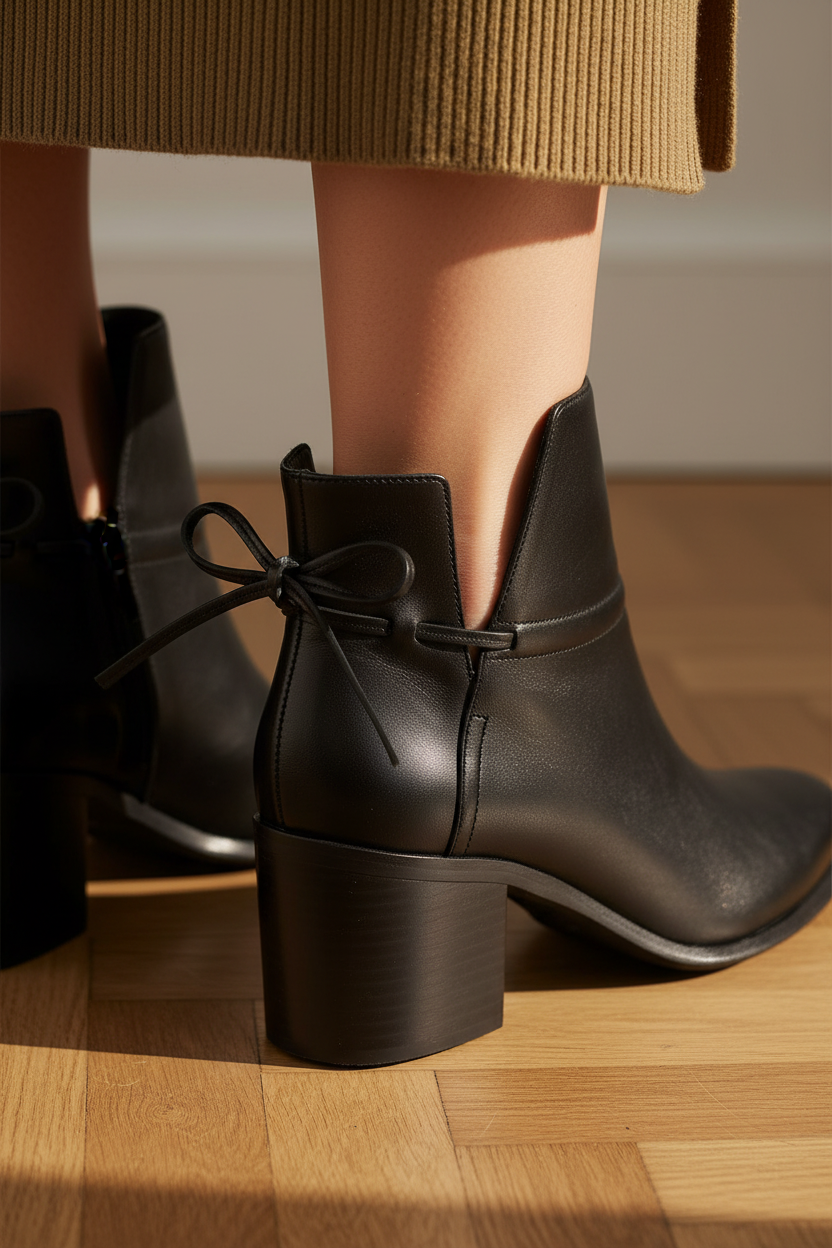 Attalea Black Leather Ankle Boots – Ankle Strap, 6.5cm Block Heel