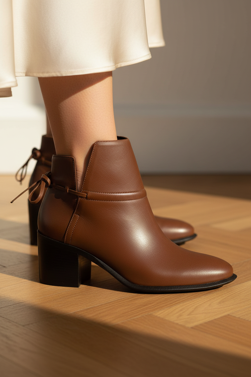 Attalea Brown Leather Ankle Boots – Ankle Strap, 6.5cm Block Heel
