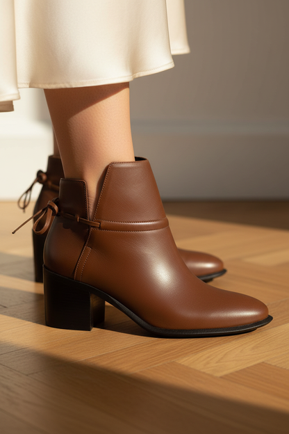 Attalea Brown Leather Ankle Boots – Ankle Strap, 6.5cm Block Heel