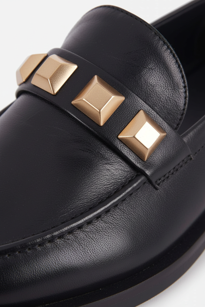 Caetê Black Leather Loafers – Gold Studs, 3cm Block Heel