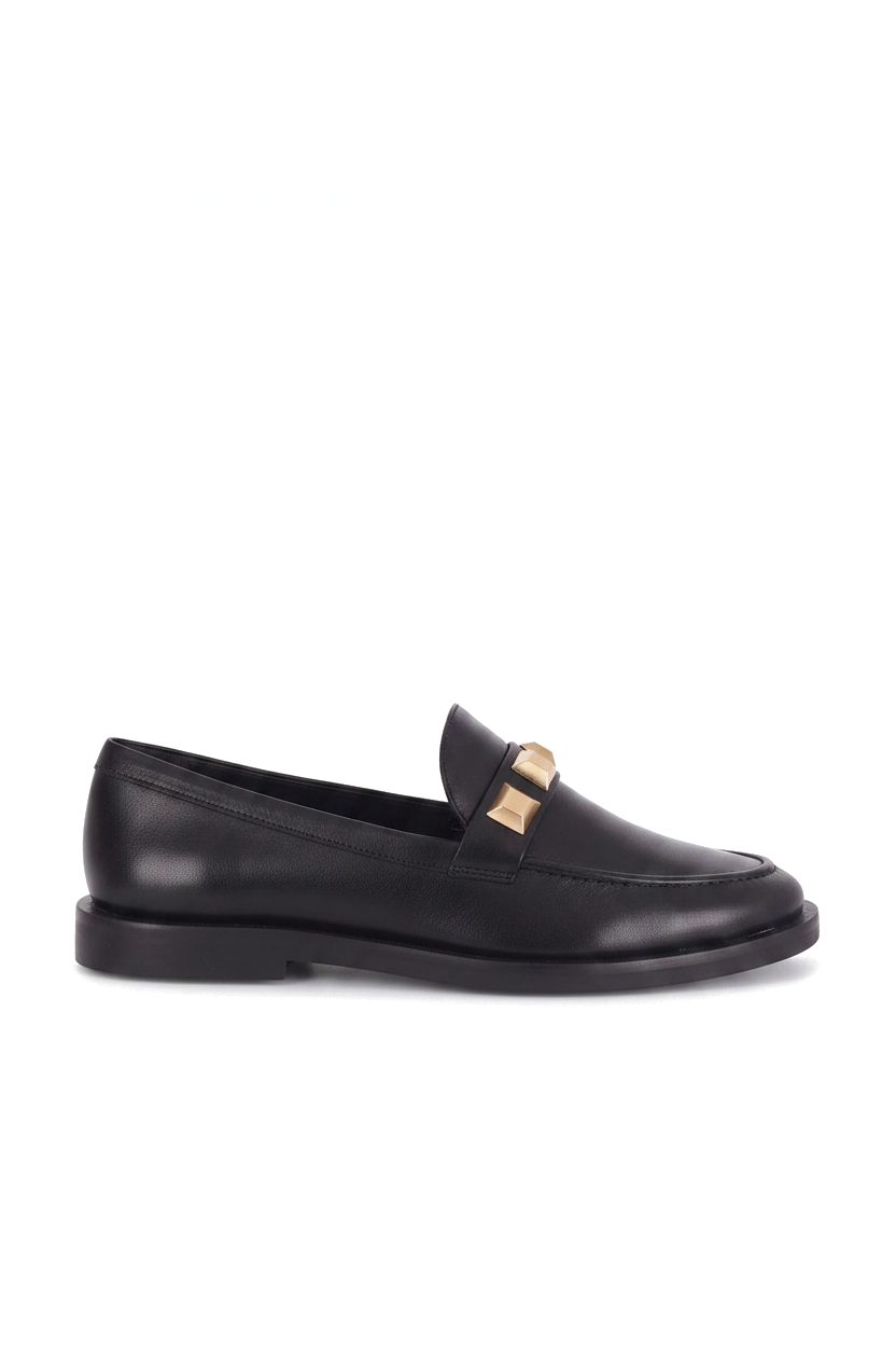 Caetê Black Leather Loafers – Gold Studs, 3cm Block Heel