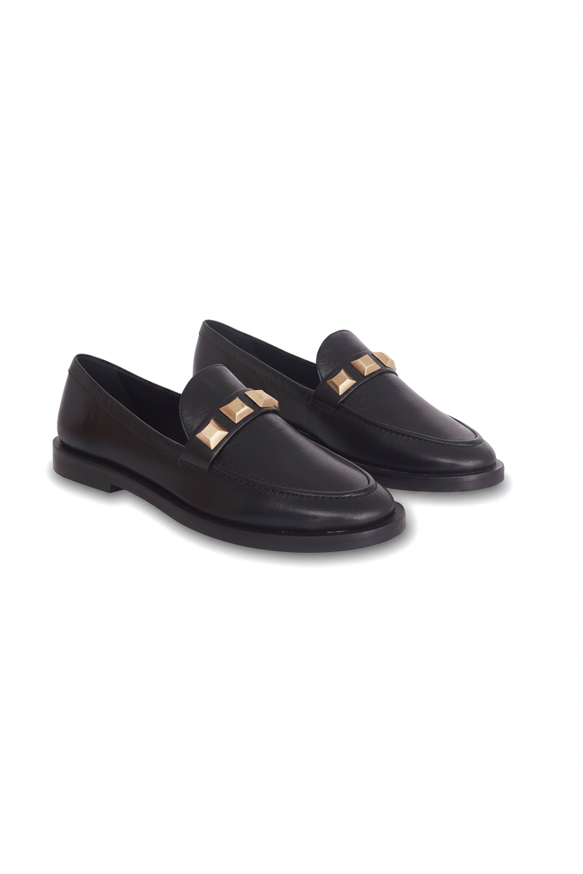 Caetê Black Leather Loafers – Gold Studs, 3cm Block Heel