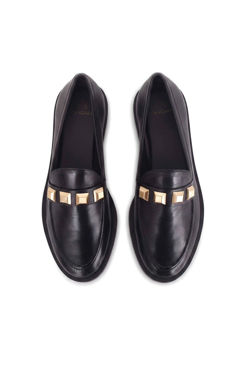 Caetê Black Leather Loafers – Gold Studs, 3cm Block Heel