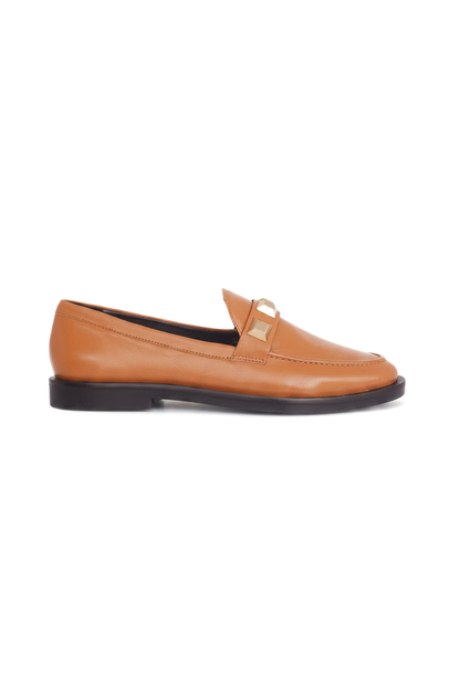 Caetê Caramel Leather Loafers – Gold Studs, 3cm Block Heel