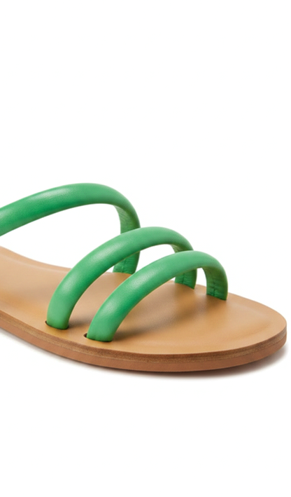 Cacau Green Leather Three-Strap Slide Sandals – Flat