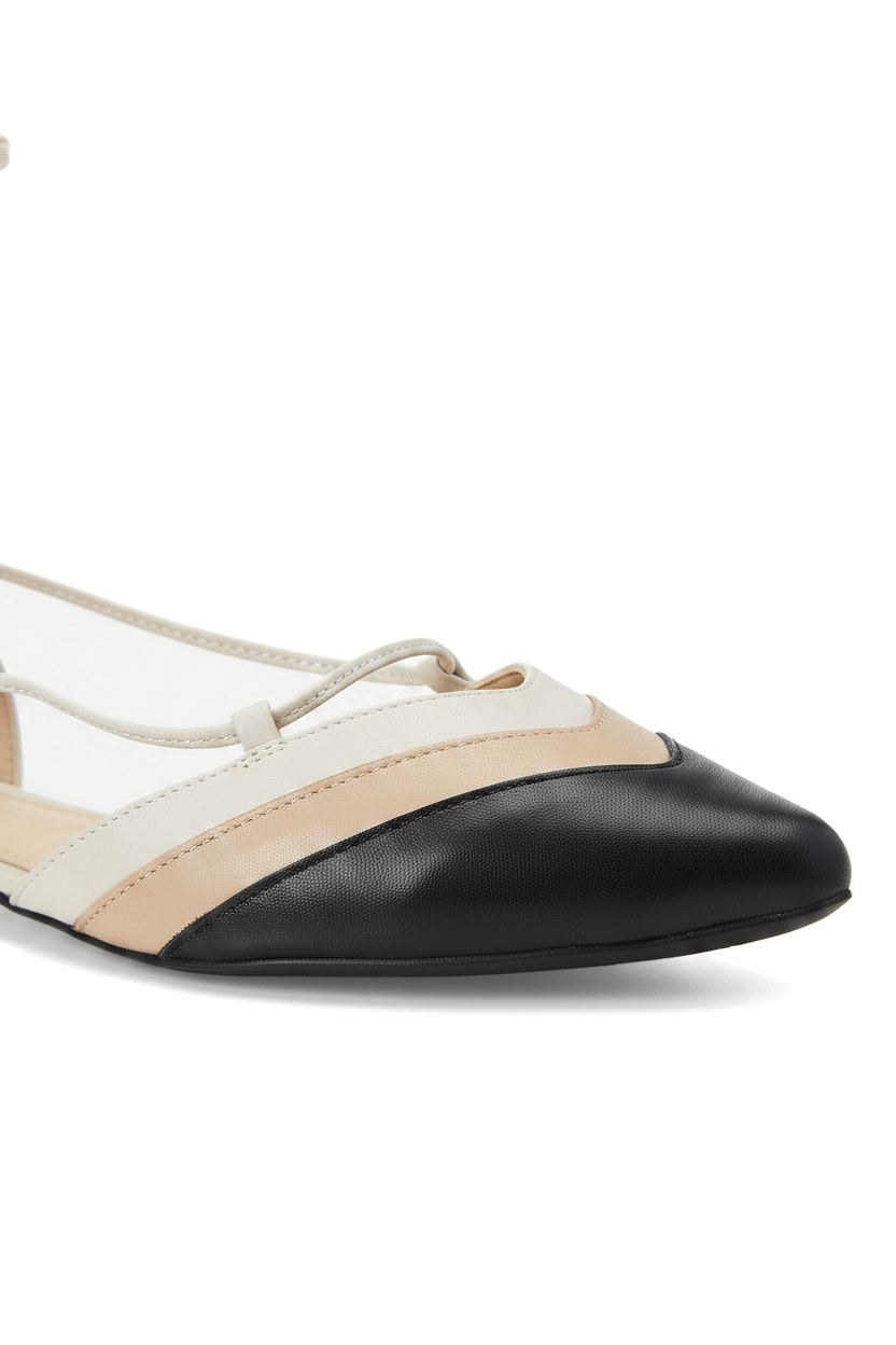 Cereja Beige Colour Block Leather Flats – Pointed Toe, Tie-Up
