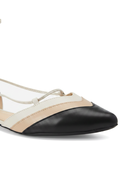 Cereja Beige Colour Block Leather Flats – Pointed Toe, Tie-Up