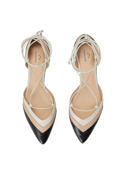 Cereja Beige Colour Block Leather Flats – Pointed Toe, Tie-Up