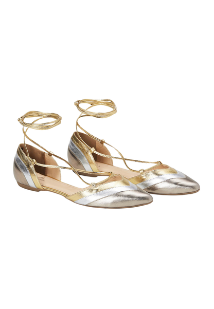 Cereja Gold Colour Block Leather Flats – Pointed Toe, Tie-Up