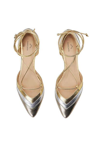 Cereja Gold Colour Block Leather Flats – Pointed Toe, Tie-Up