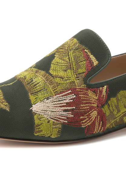 Canela Suede Green Leather Embroidered Loafers