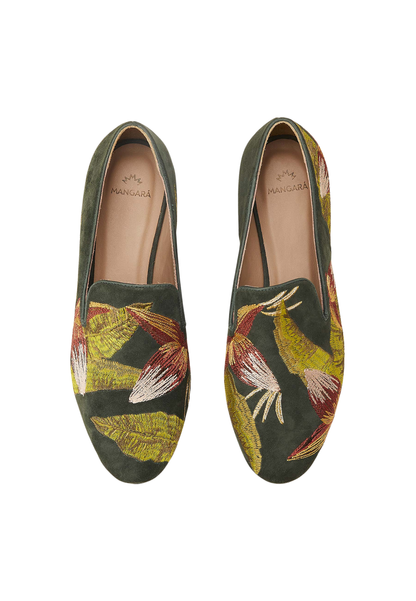Canela Suede Green Leather Embroidered Loafers