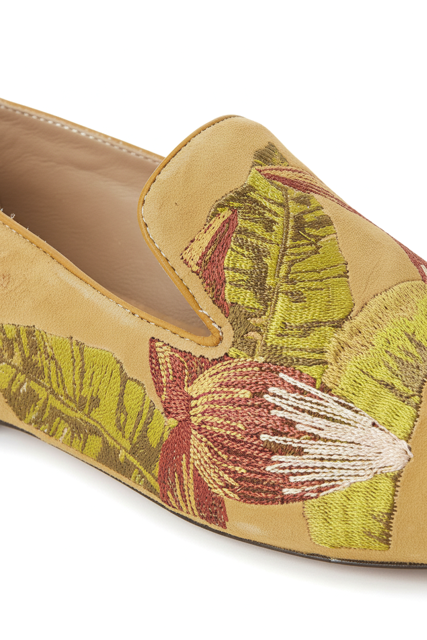 Canela Suede Yellow Leather Embroidered Loafers
