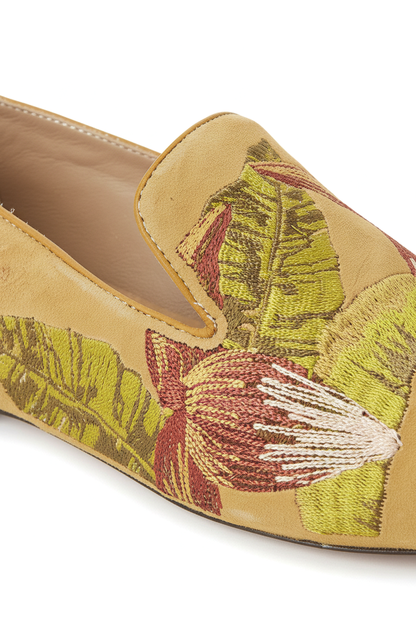 Canela Suede Yellow Leather Embroidered Loafers