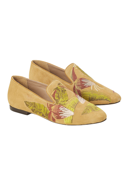Canela Suede Yellow Leather Embroidered Loafers