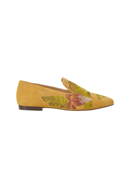 Canela Suede Yellow Leather Embroidered Loafers