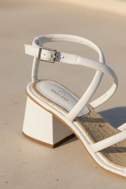 Bromelia White Leather Sandals – 7cm Block Heel