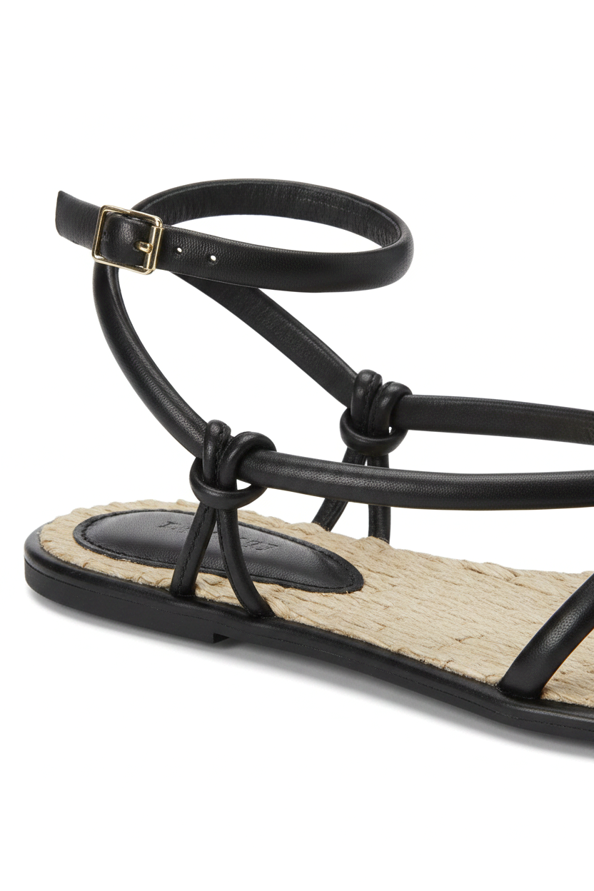 Angico Black Leather Strappy Sandals – Flat, Raffia Footbed