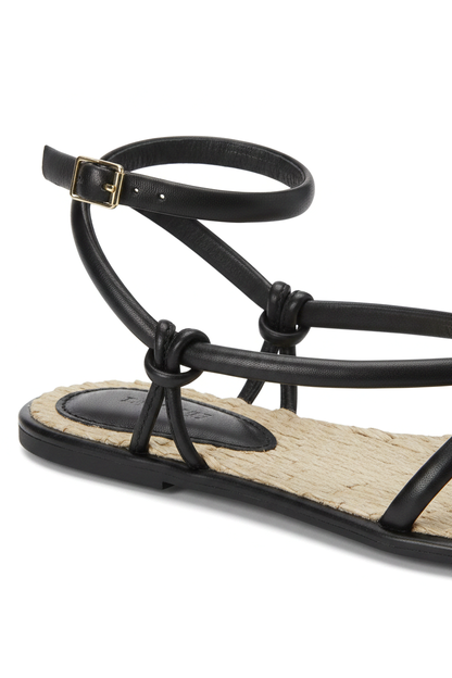 Angico Black Leather Strappy Sandals – Flat, Raffia Footbed