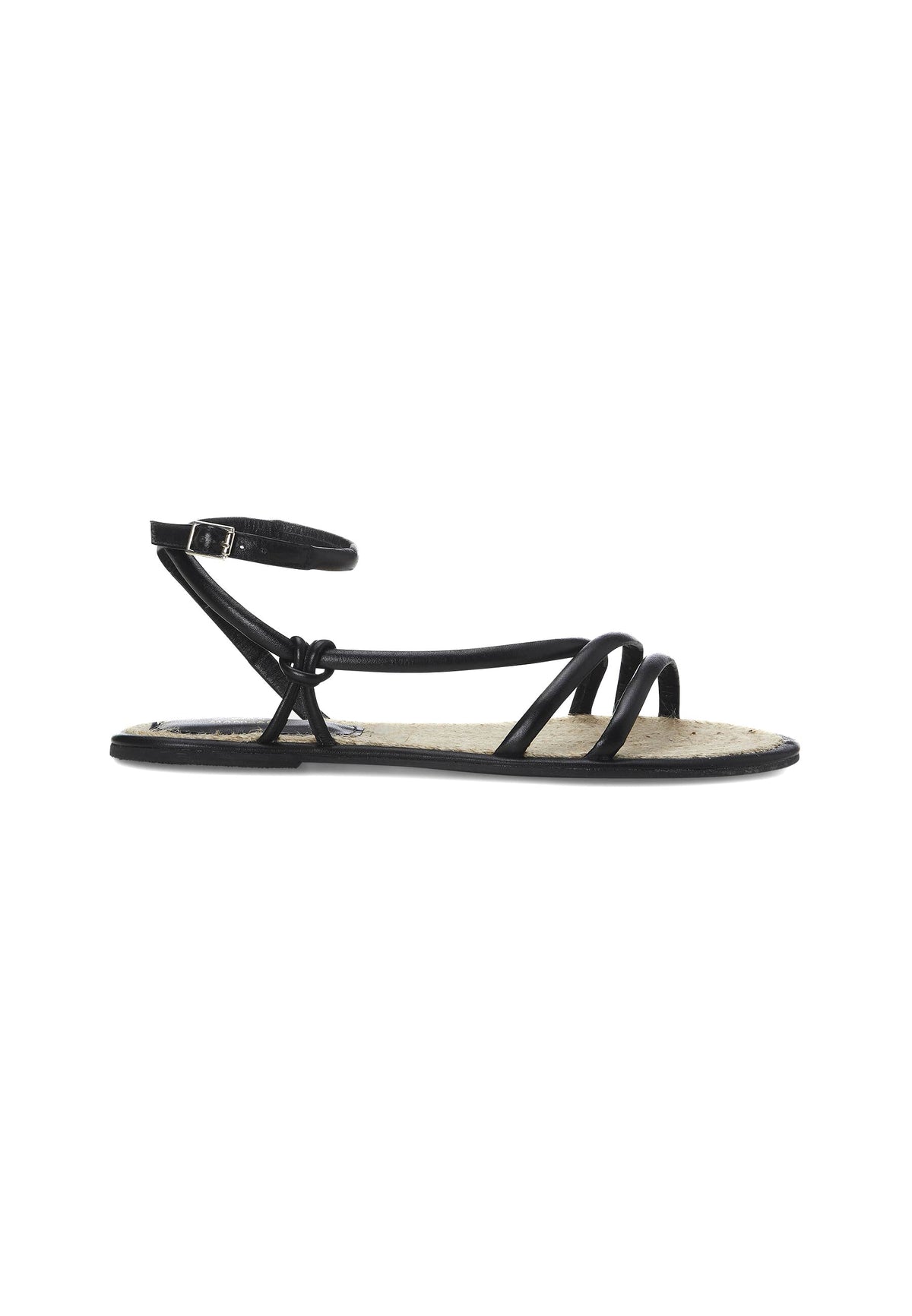 Angico Black Leather Strappy Sandals – Flat, Raffia Footbed