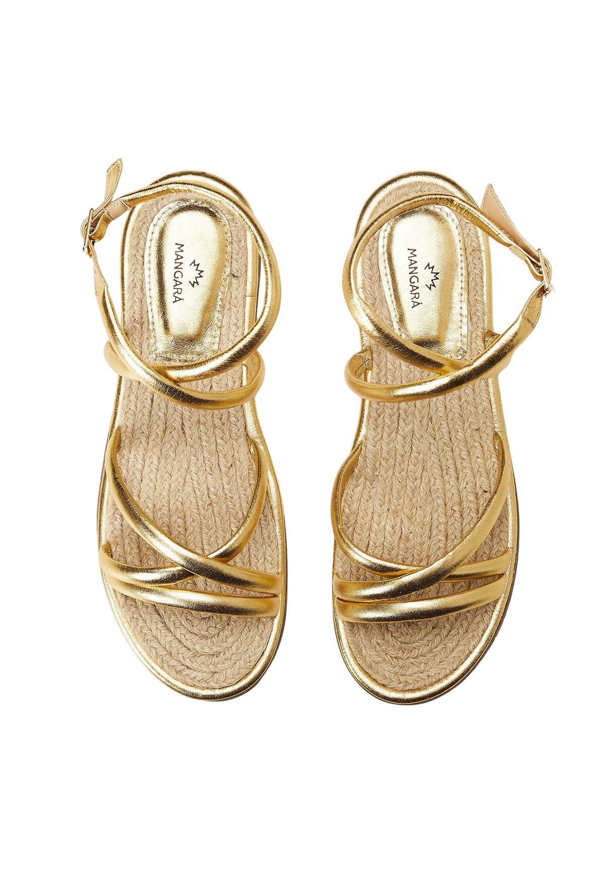 Angico Gold Leather Strappy Sandals – Flat, Raffia Footbed