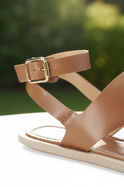 Paineira Caramel Leather Toe-Ring Flat Sandals