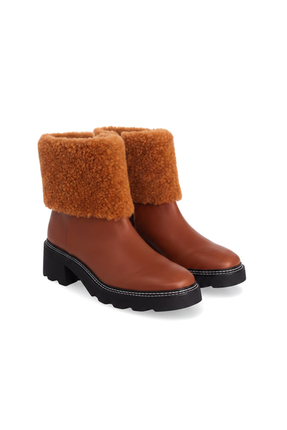 Andira Brown Leather Ankle Boots – Shearling Collar, 5cm Block Heel