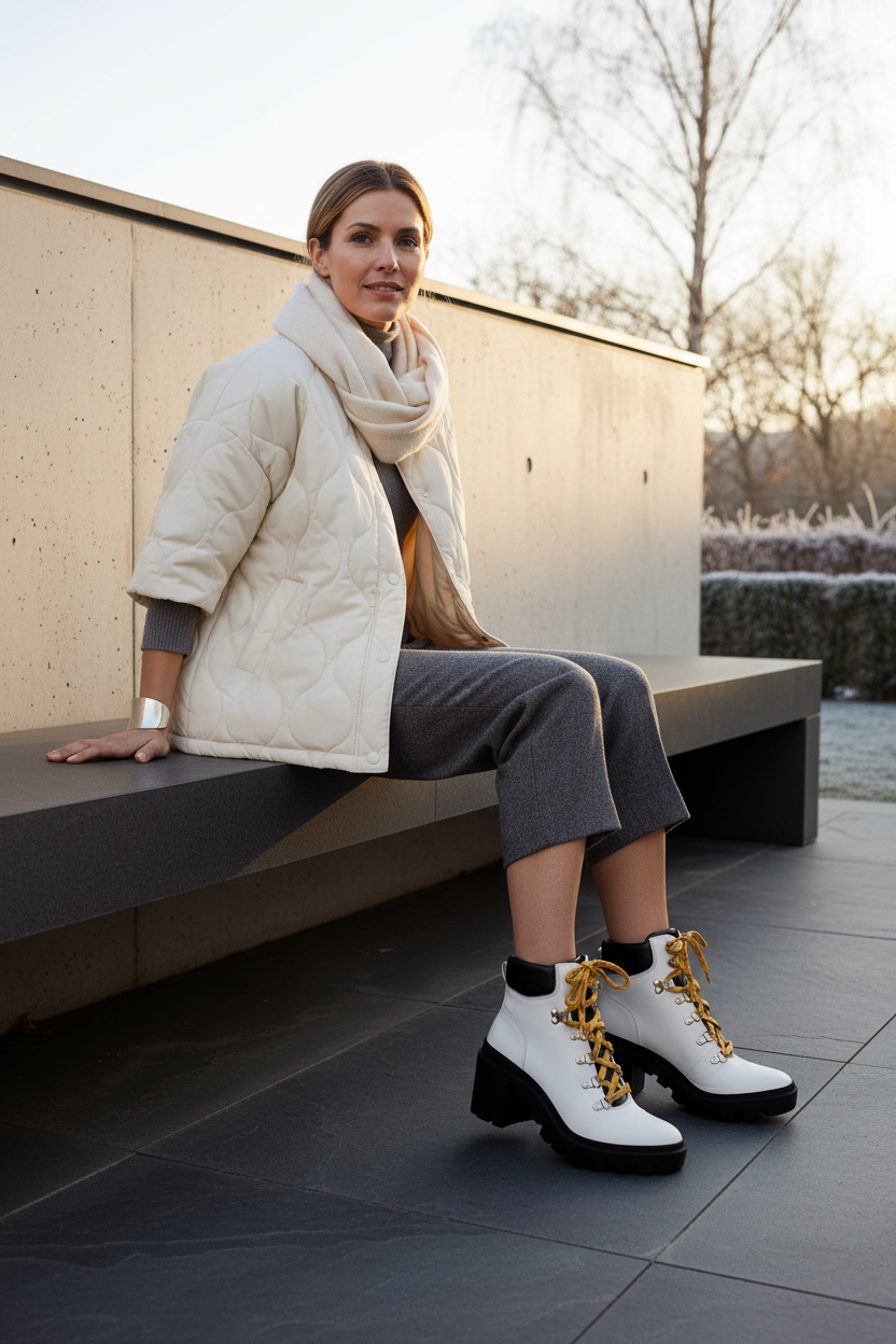 Vriesea White Leather Hiker Boots – 9cm Block Heel