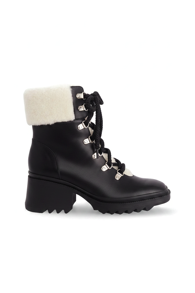 Cassia Black Leather Combat Boots – Shearling Lined, 7.8cm Block Heel