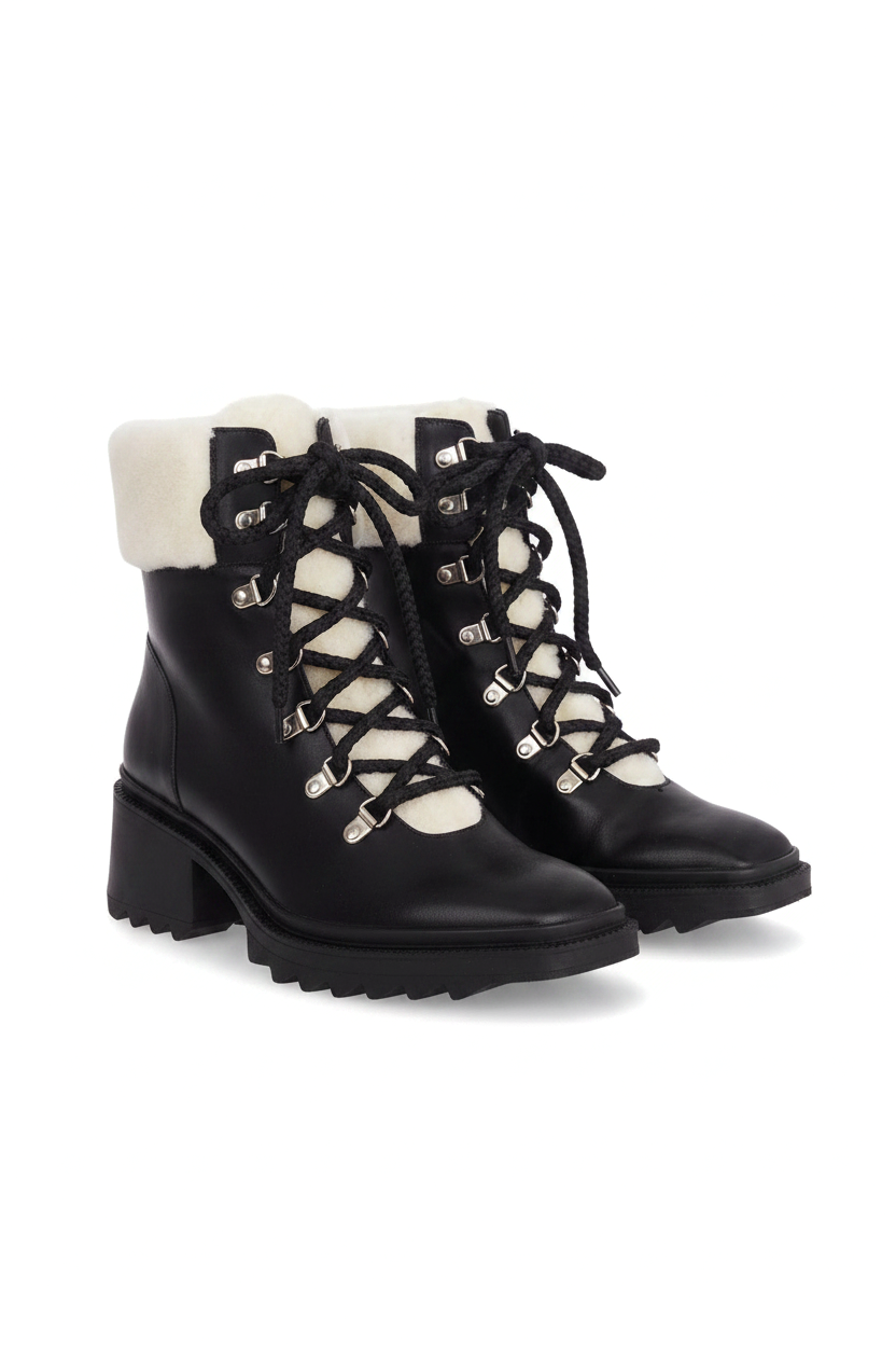 Cassia Black Leather Combat Boots – Shearling Lined, 7.8cm Block Heel
