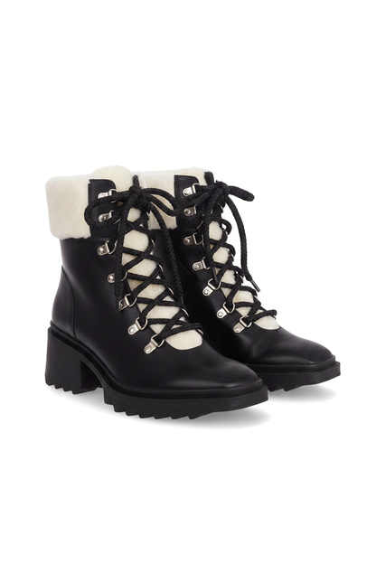 Cassia Black Leather Combat Boots – Shearling Lined, 7.8cm Block Heel