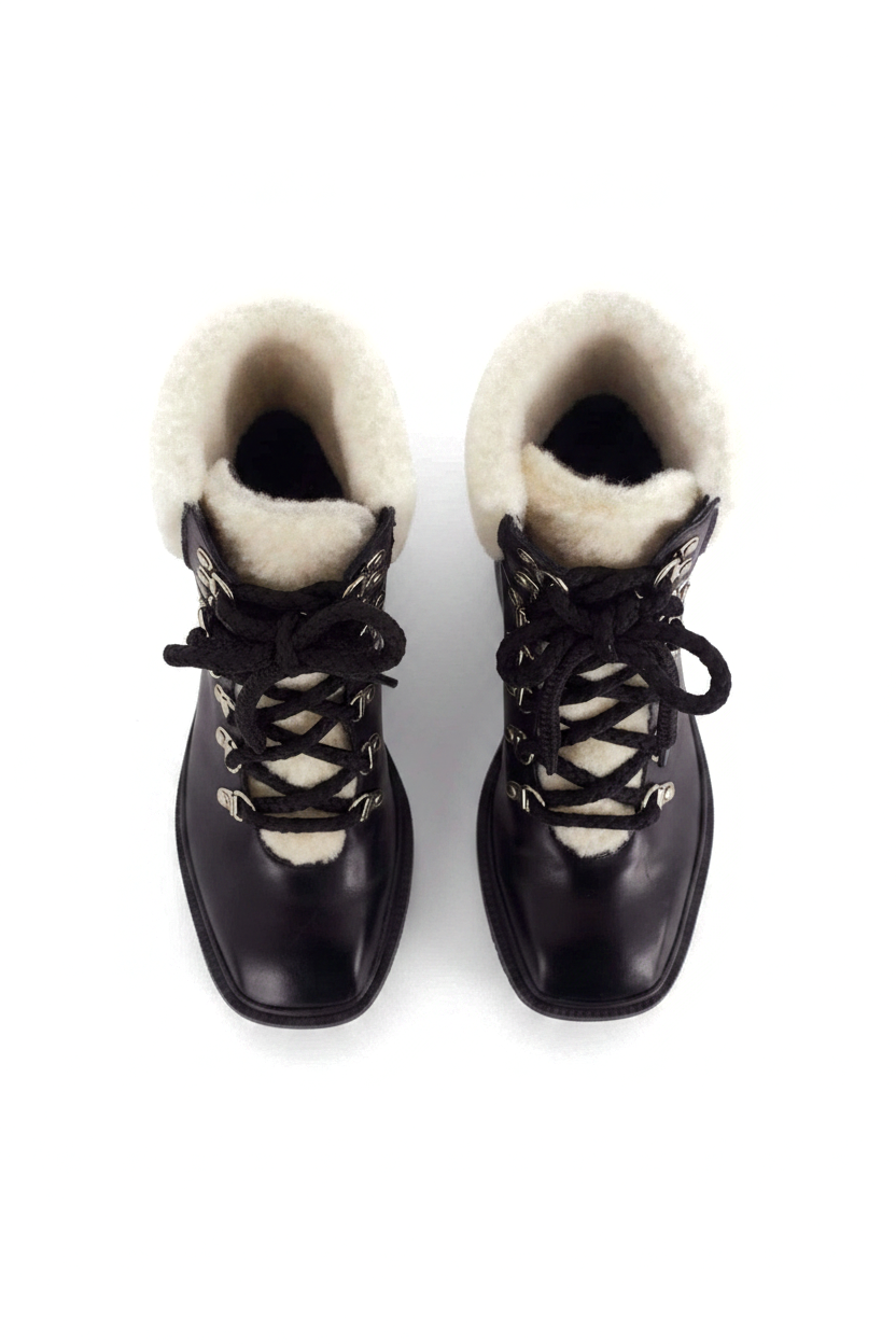 Cassia Black Leather Combat Boots – Shearling Lined, 7.8cm Block Heel