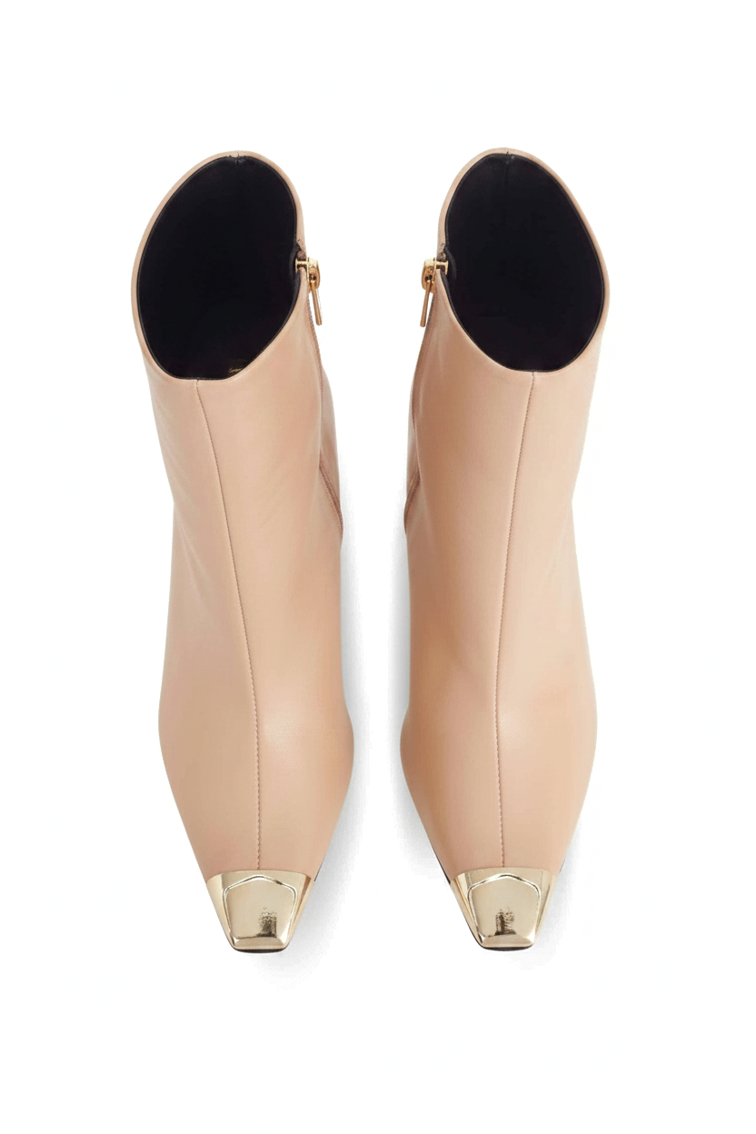Inga Beige Leather Ankle Boots – Gold Toe Cap, 8.7cm Stiletto Heel