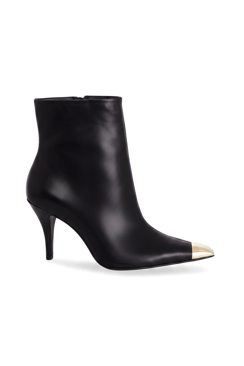 Inga Black Leather Ankle Boots – Gold Toe Cap, 8.7cm Stiletto Heel