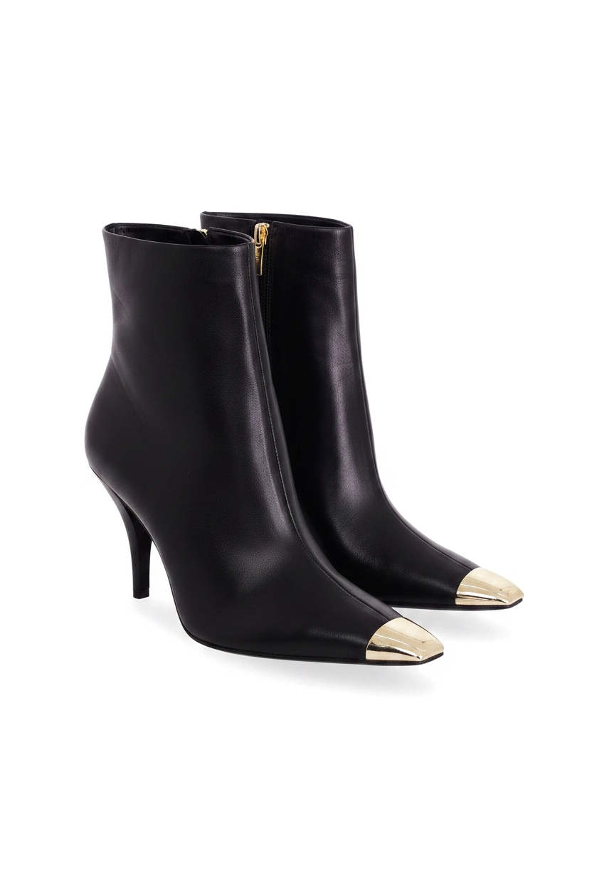 Inga Black Leather Ankle Boots – Gold Toe Cap, 8.7cm Stiletto Heel