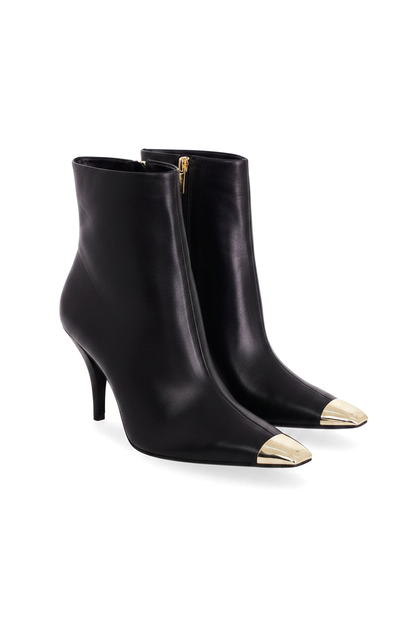 Inga Black Leather Ankle Boots – Gold Toe Cap, 8.7cm Stiletto Heel