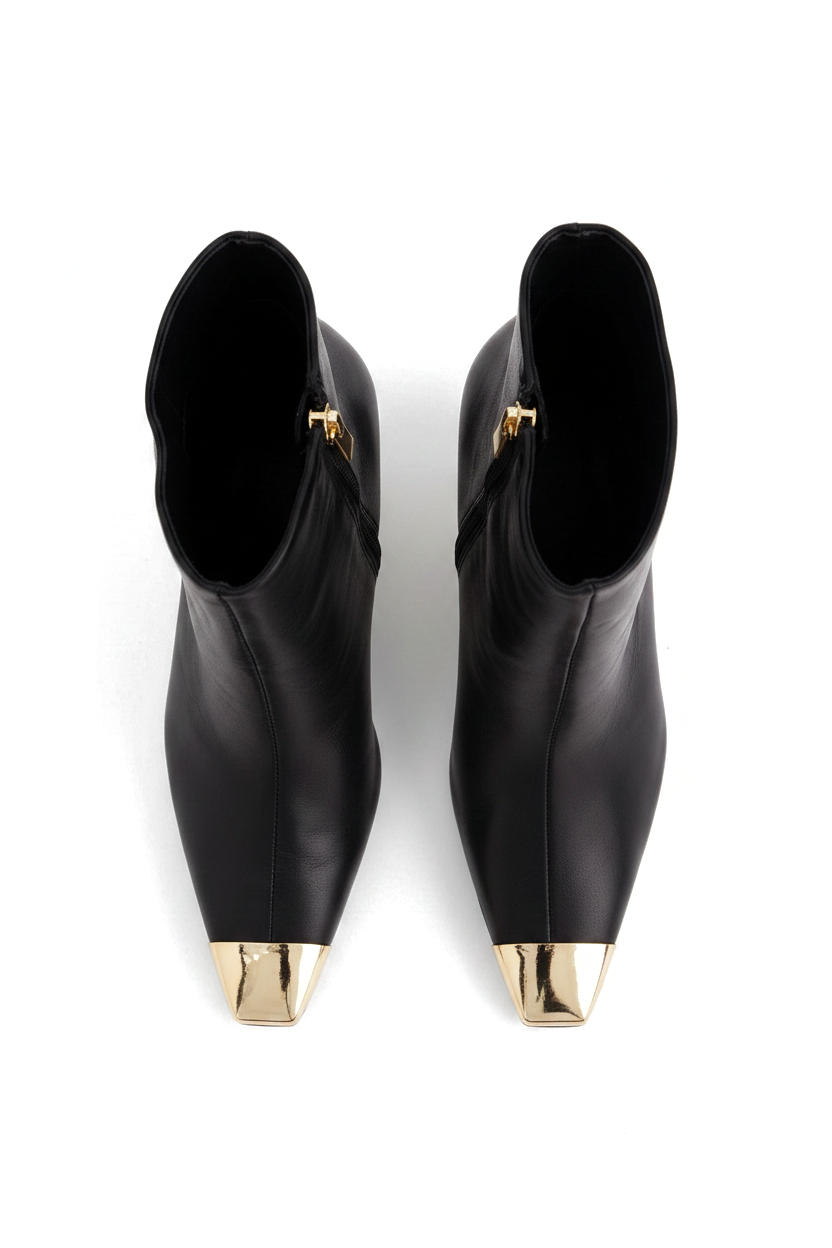 Inga Black Leather Ankle Boots – Gold Toe Cap, 8.7cm Stiletto Heel