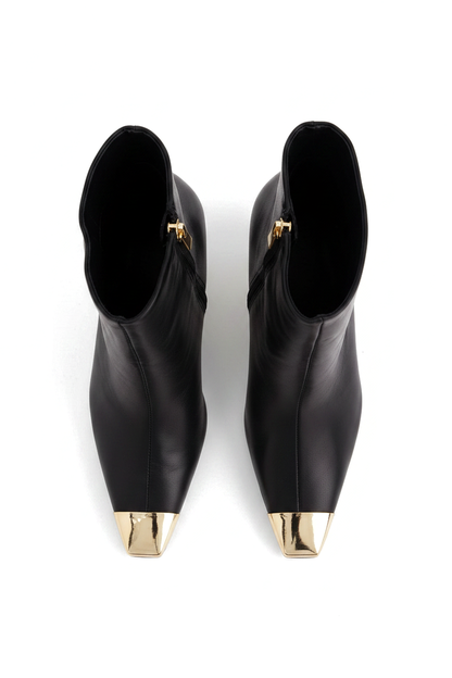 Inga Black Leather Ankle Boots – Gold Toe Cap, 8.7cm Stiletto Heel