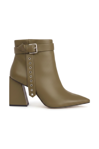 Salvia Olive Green Leather Ankle Boots – Buckle Strap, 9cm Flared Heel