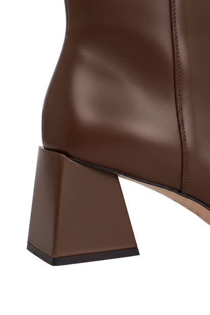 Mabea Brown Leather Ankle Boots – Pointed Toe, 6.4cm Flared Heel