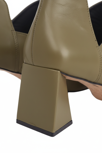 Maranta Olive Green Leather Ankle Boots – Pointed Toe, 6.3cm Flared Heel