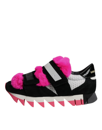 Dolce & Gabbana Black Pink Fur Embellished Sneakers Shoes