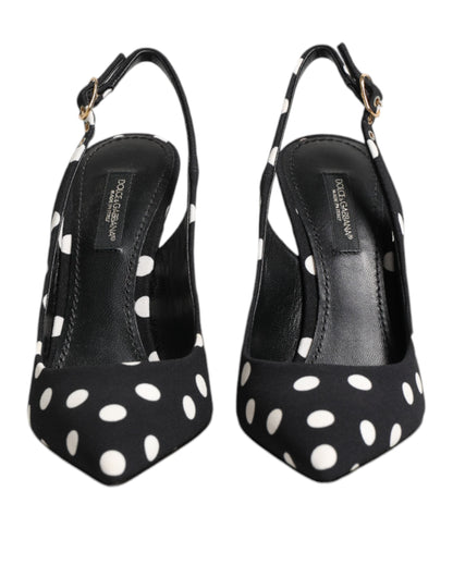 Dolce & Gabbana Black White Dotted Stiletto Slingback Shoes