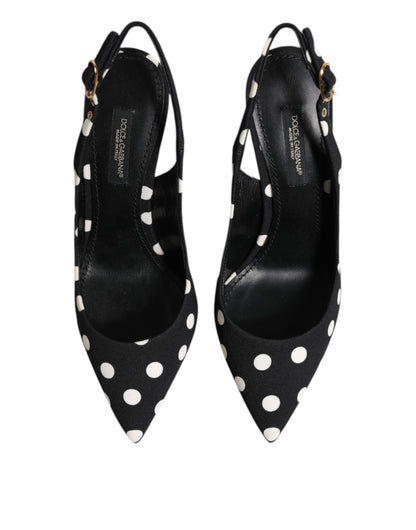 Dolce & Gabbana Black White Dotted Stiletto Slingback Shoes