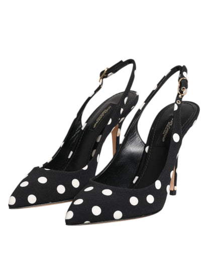 Dolce & Gabbana Black White Dotted Stiletto Slingback Shoes