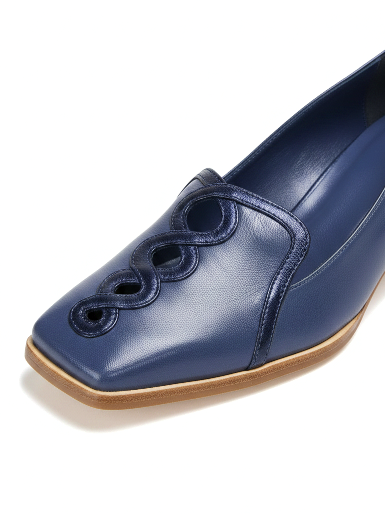 Cordía Navy Blue Leather Loafers – Square Toe, 4cm Wooden Block Heel