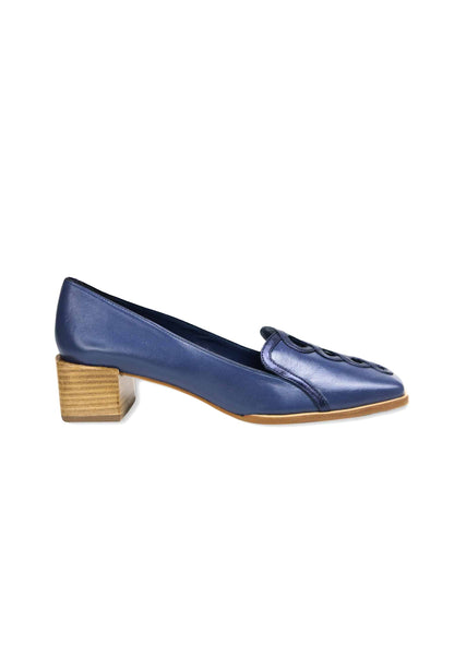 Cordía Navy Blue Leather Loafers – Square Toe, 4cm Wooden Block Heel